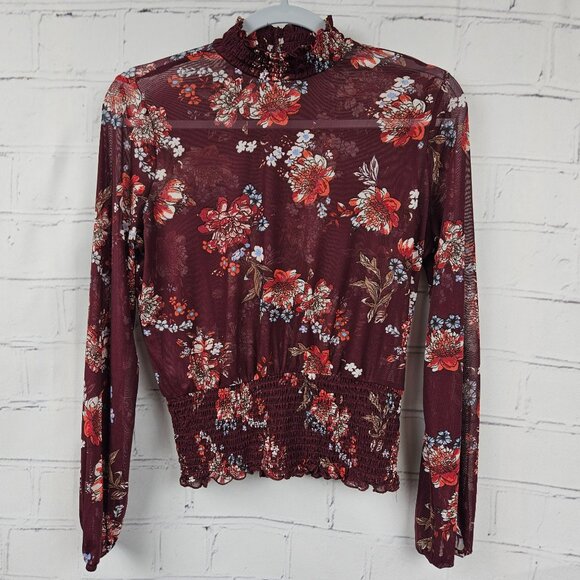 Almost Famous Floral Sheer Long Sleeve Smocked Top Womens M Shirt Blouse Hi Neck - Picture 1 of 10